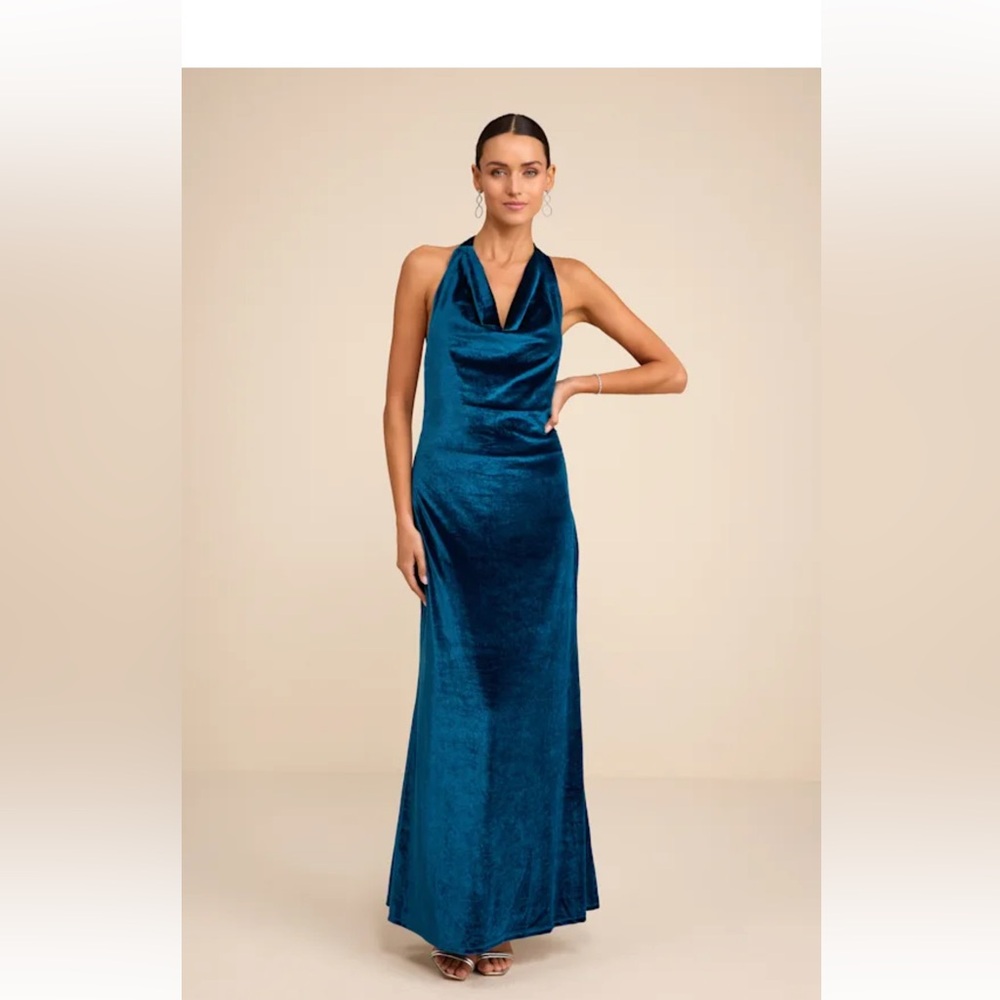 Elarina Blue Velvet Cowl Halter Mermaid Maxi Dress. Lulus .